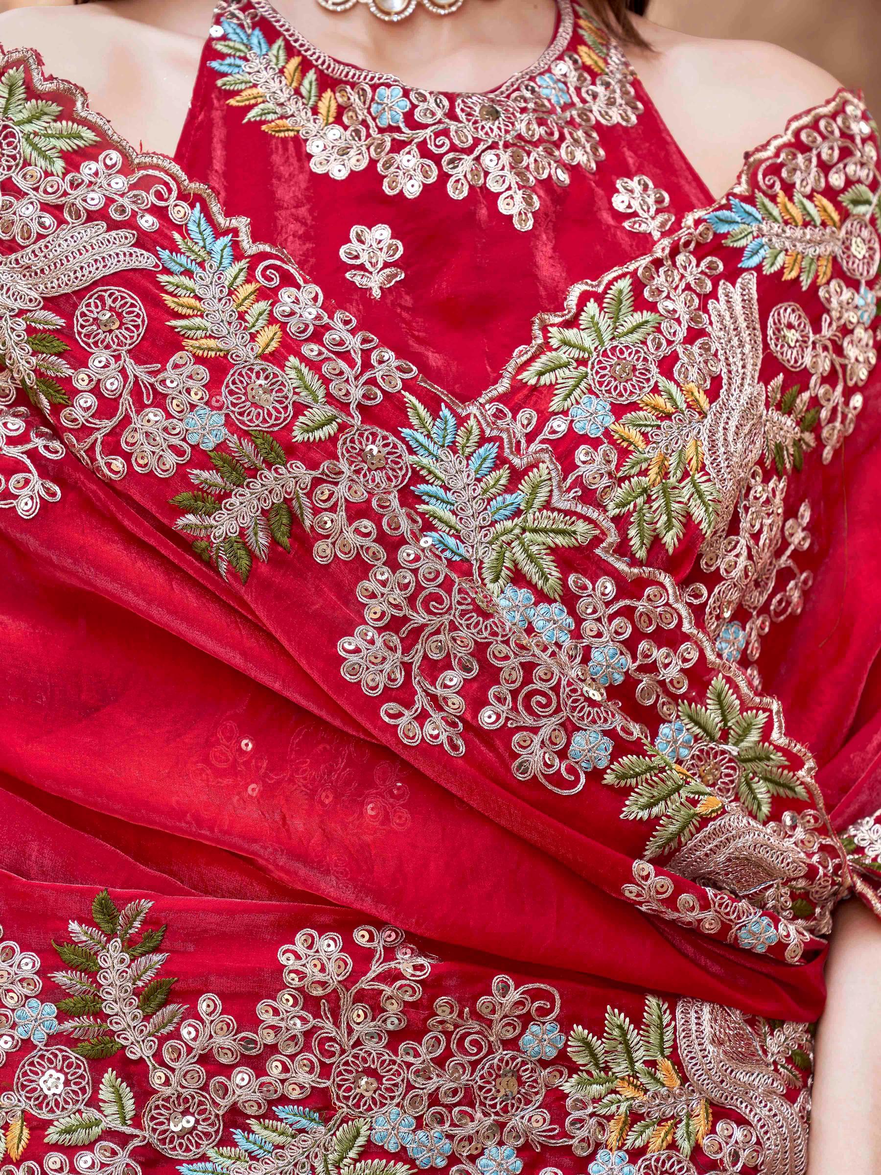 red colored designer jimmy choo saree with sequinned embroidery border